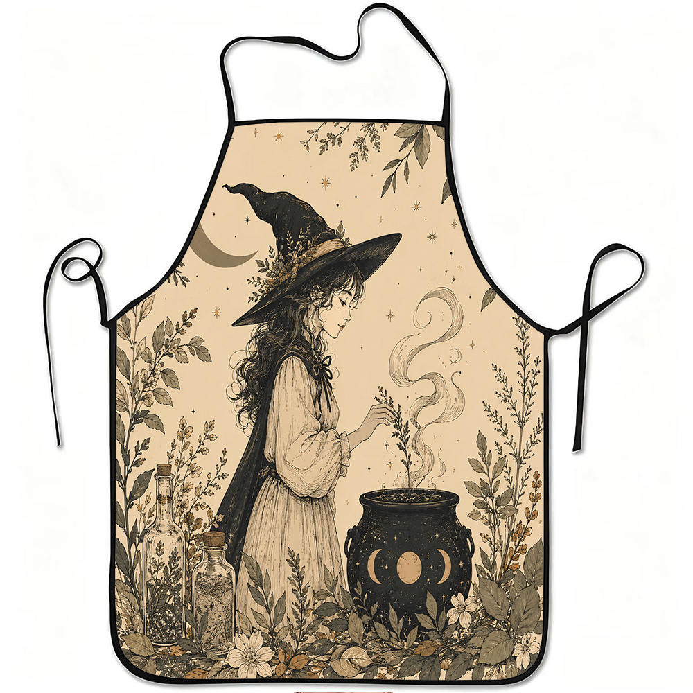 Kitchen Witch Baking - キッチン用エプロン。お菓子作りにも使えるエプロン。魔女と月の植物柄。丈夫で洗いやすく、ベルトでサイズ調整可能。ポリエステル製。